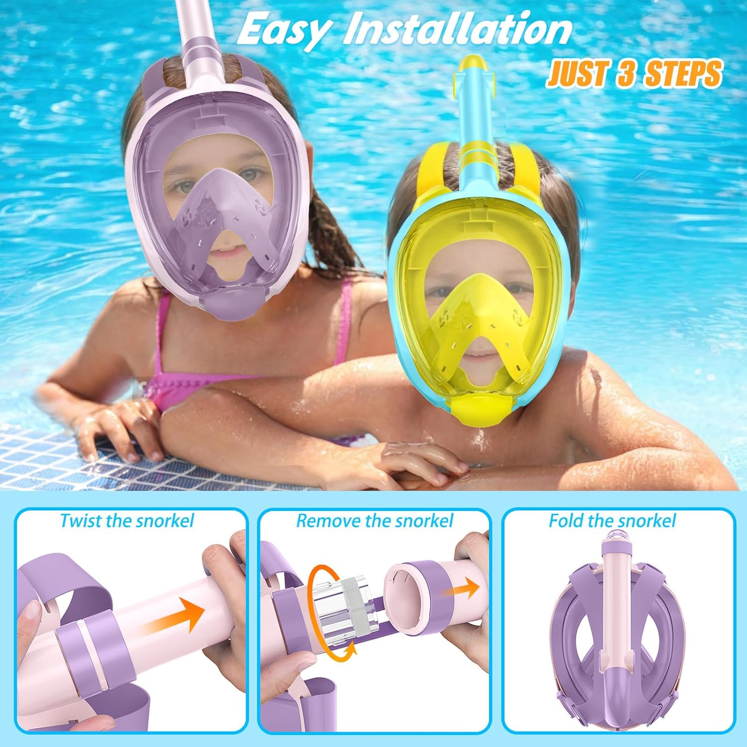 Greatever Snorkeling Gear for Kids,Ideal Gifts of Kids Snorkel Mask,Full Face Snorkel Mask Kids with Camera Mount,Safe Breathing for Enchanting Travel