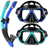 Greatever Adults Snorkel Set - Panoramic Wide View Dry Snorkel Mask 2PCS - Black Green+Black Blue