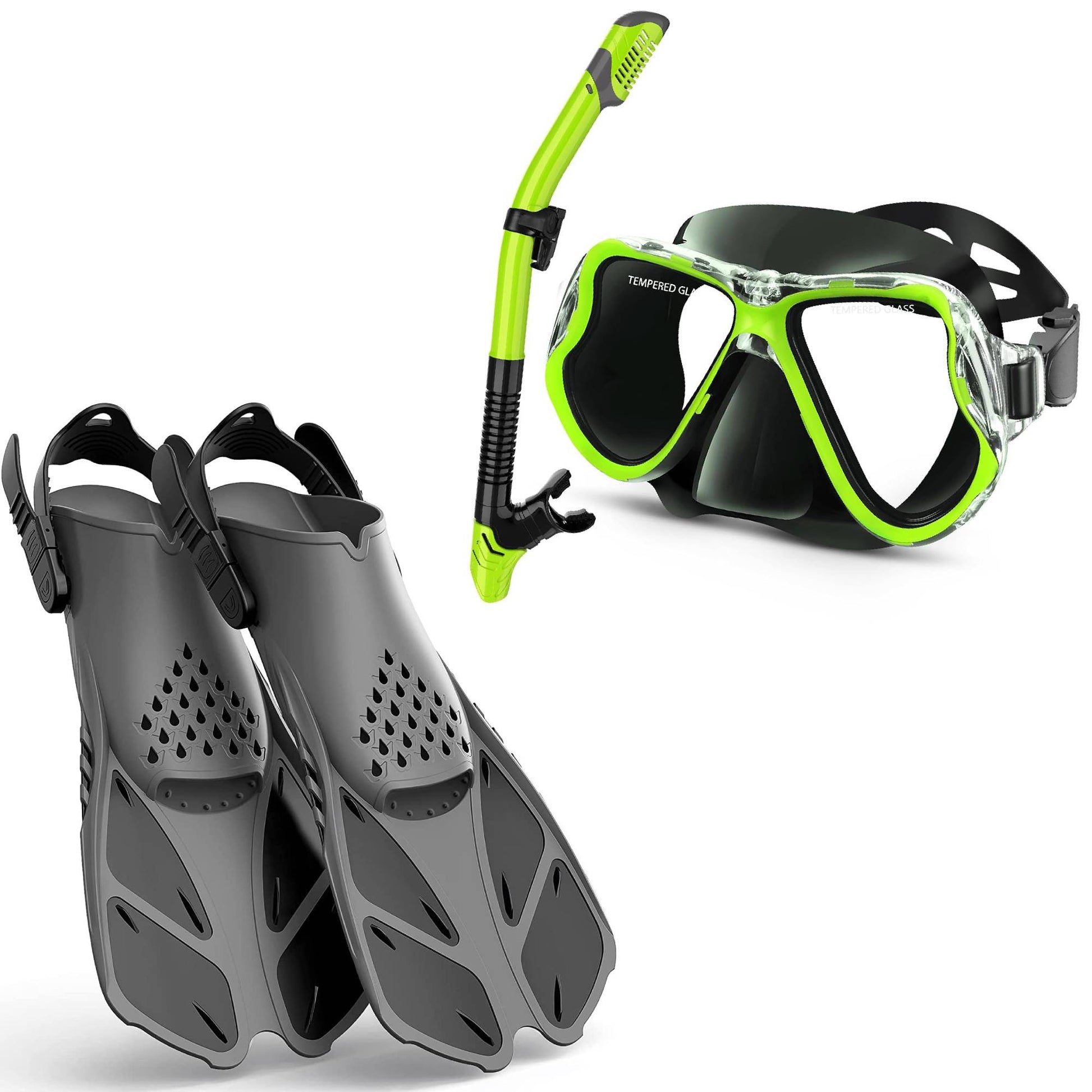 gear for snorkeling Greatever Adults Mask Fins Snorkel Set Beginner-Friendly Snorkeling Gear Black / S/M