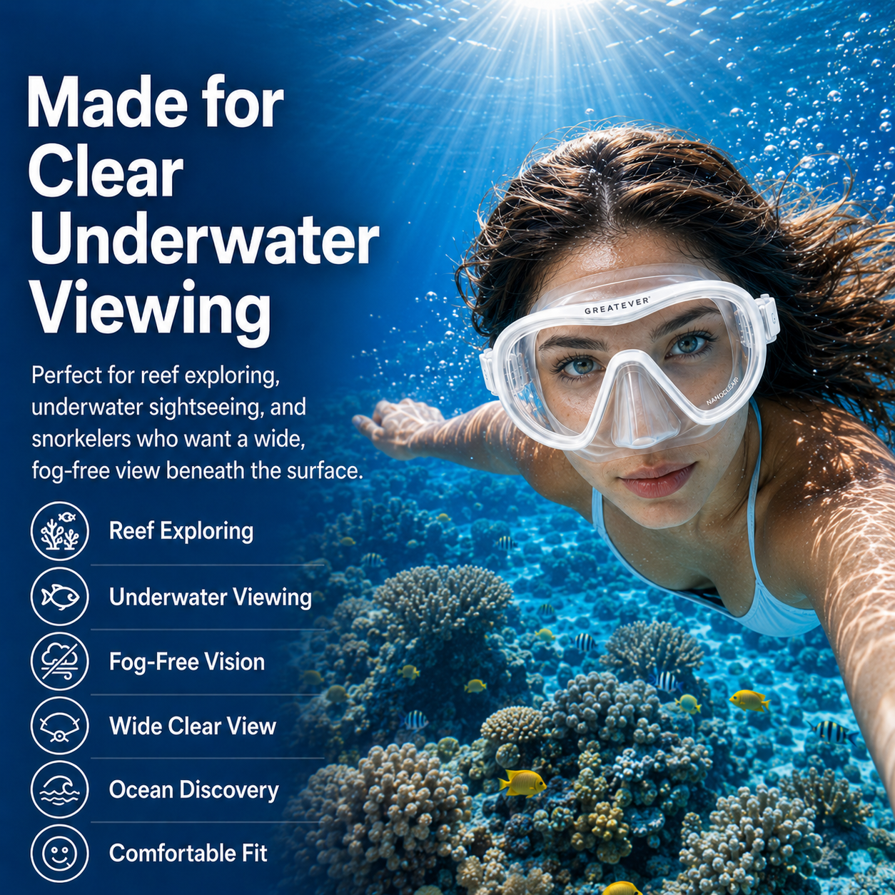 goggles for snorkeling Greatever NanoClear Anti-Fog Snorkel Mask White