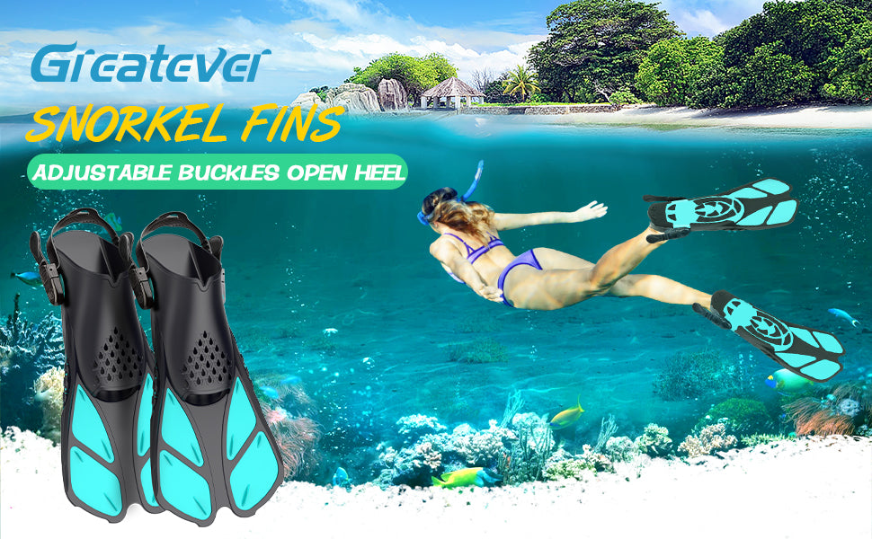 Greatever Adults Snorkel Fins Adjustable Buckles Open Heel Swim Flippe