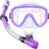 Kids Snorkel Set, Anti-Fog Panoramic Tempered Glass Kids Snorkel mask, Anti-Leak Scuba Diving Mask with Mesh Bag, Dry Top Snorkeling Gear for Kids and Youth Age 4-16 - Blue+Purple+Transparent