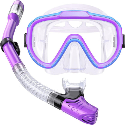 Greatevet Kids Snorkel Set, Anti-Fog Panoramic Tempered Glass Kids Snorkel mask