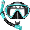 Snorkel Set Adults Snorkeling Gear Anti-Fog Panoramic View Swim Mask Dry Top Snorkel Kit with Carry Bag for Snorkeling Scuba Diving Swimming Travel - Green+Black