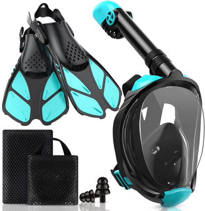 Greatever Mask Fins Snorkeling Gear for Adults, Full Face Snorkel Mask & Adjustable Swim Fins Snorkel Set