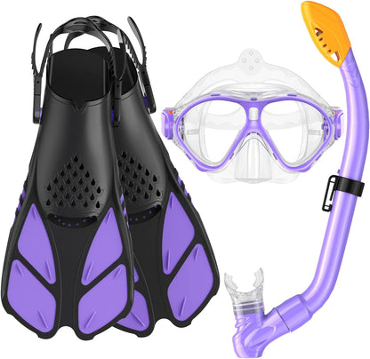 Kids Snorkel Set, Mask Fins Snorkeling Gear for Kids Anti-Fog Swim Goggles 180 Panoramic View Dry Top Snorkel and Dive Flippers Combo with Travel Bag for Snorkeling Training Swimming Diving