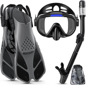 Lealinga Snorkel Set Adults with Flippers, Diving Set with Snorkel Mask, Dry Snorkel, Adjustable Flippers, Snorkelling Packages for Men and Women Scuba Diving Snorkel Mask Fins 3 Piece Snorkel Set