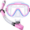 Kids Snorkel Set, Anti-Fog Panoramic Tempered Glass Kids Snorkel mask, Anti-Leak Scuba Diving Mask with Mesh Bag, Dry Top Snorkeling Gear for Kids and Youth Age 4-16 - Blue+Pink+Transparent