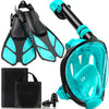 Mask Fins Snorkeling Gear for Adults, Full Face Snorkel Mask & Adjustable Swim Fins Snorkel Set, Panoramic View Snorkel Mask Dry Top Anti-Fog Anti-Leak - Green