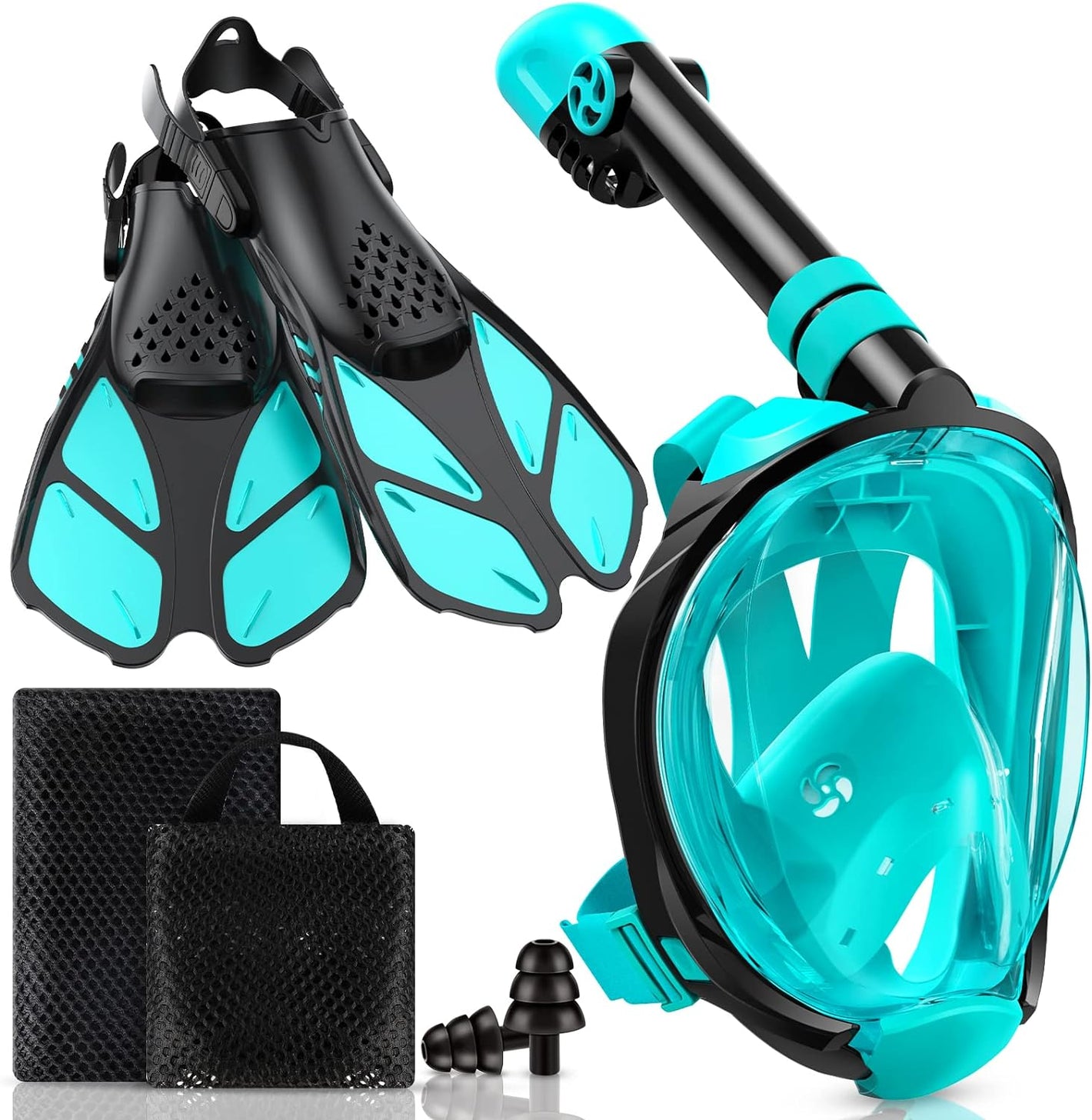 Greatever Mask Fins Snorkeling Gear for Adults, Full Face Snorkel Mask & Adjustable Swim Fins Snorkel Set