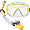 Kids Snorkel Set, Anti-Fog Panoramic Tempered Glass Kids Snorkel mask, Anti-Leak Scuba Diving Mask with Mesh Bag, Dry Top Snorkeling Gear for Kids and Youth Age 4-16 - Blue+Yellow+Transparent