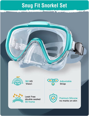 Snorkel Set Adults Snorkeling Gear Anti-Fog Panoramic View Swim Mask Dry Top Snorkel Kit with Carry Bag for Snorkeling Scuba Diving Swimming Travel