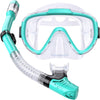 Kids Snorkel Set, Anti-Fog Panoramic Tempered Glass Kids Snorkel mask, Anti-Leak Scuba Diving Mask with Mesh Bag, Dry Top Snorkeling Gear for Kids and Youth Age 4-16 - Green+Transparent