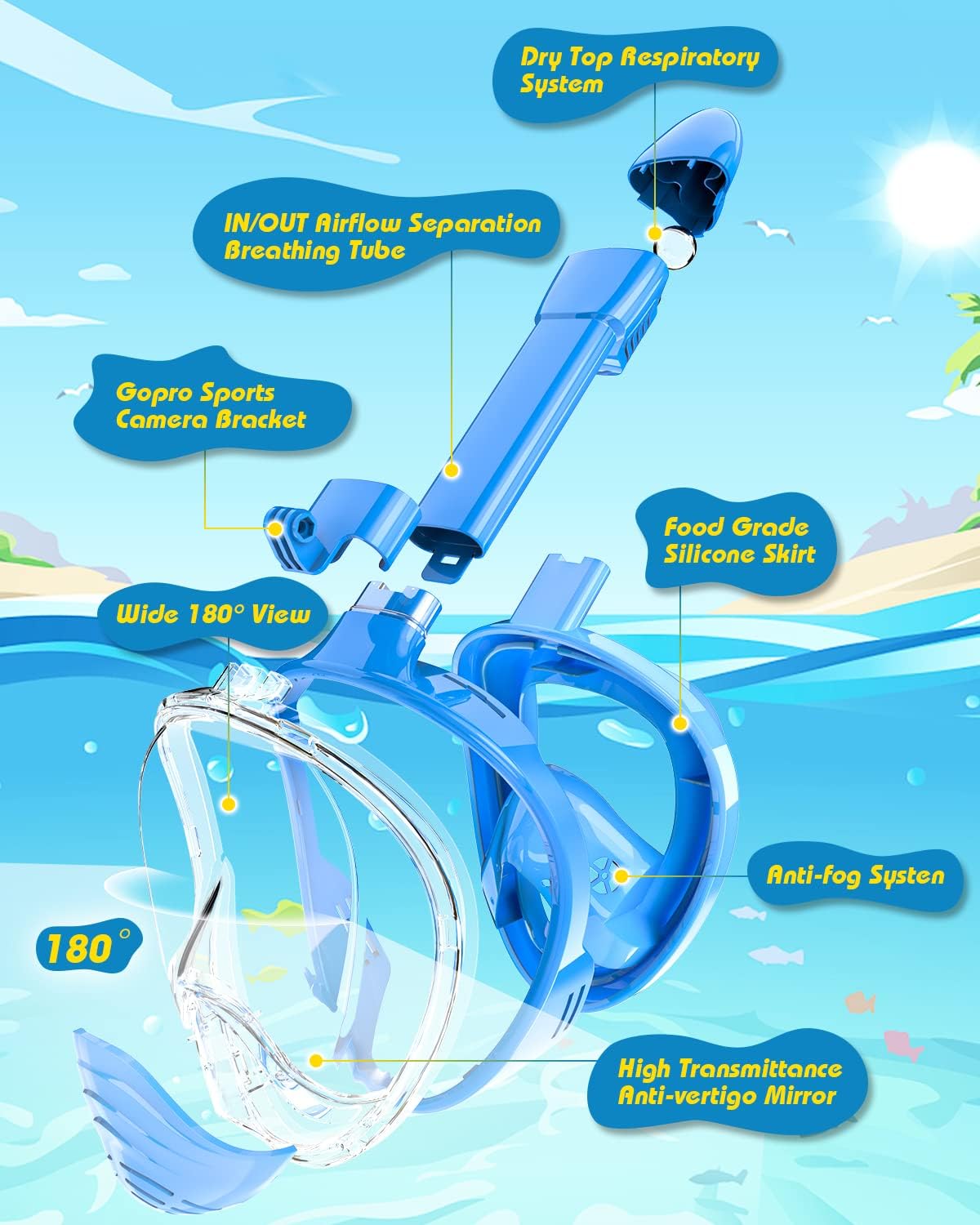 Vitare Diving Mask for Adults and Children, Integral Diving Mask, Large Field of View 180° Snorkel Mask, Snorkel Mask with Removable Camera Holder, Blue L/XL Vitare Diving Mask for Adults and Children, Integral Diving Mask, Large Field of View 180° Snorkel Mask, Snorkel Mask with Removable Camera Holder, Blue L/XL