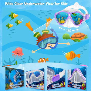 Kids Snorkel Set, Mask Fins Snorkeling Gear for Kids Anti-Fog Swim Goggles 180 Panoramic View Dry Top Snorkel and Dive Flippers Combo with Travel Bag for Snorkeling Training Swimming Diving