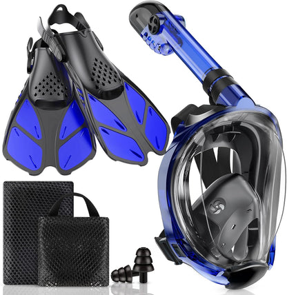 Greatever Mask Fins Snorkeling Gear for Adults, Full Face Snorkel Mask & Adjustable Swim Fins Snorkel Set