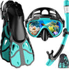 Snorkel Set with Fins for Adults, Snorkeling Gear for Adults Men and Women, Snorkle, Mask Set Adults Dry Top Snorkel Mask Combo Set with Travel Bag for Snorkeling, Diving, Swimming - Cyan