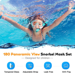 Kids Snorkel Set, Anti-Fog Panoramic Tempered Glass Kids Snorkel mask, Anti-Leak Scuba Diving Mask with Mesh Bag, Dry Top Snorkeling Gear for Kids and Youth Age 4-16