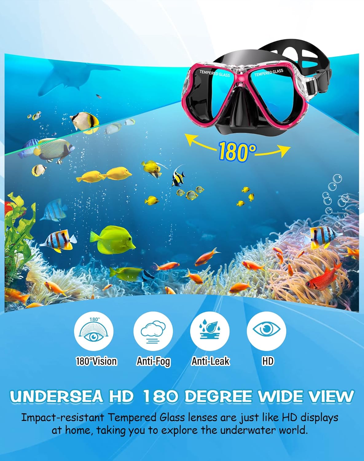 Adult snorkel combo with tempered glass lenses