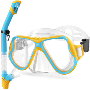 Greatever Kids Dry Snorkel Set - 10 Color Options! Panoramic Wide View Anti-Fog Scuba Diving Mask