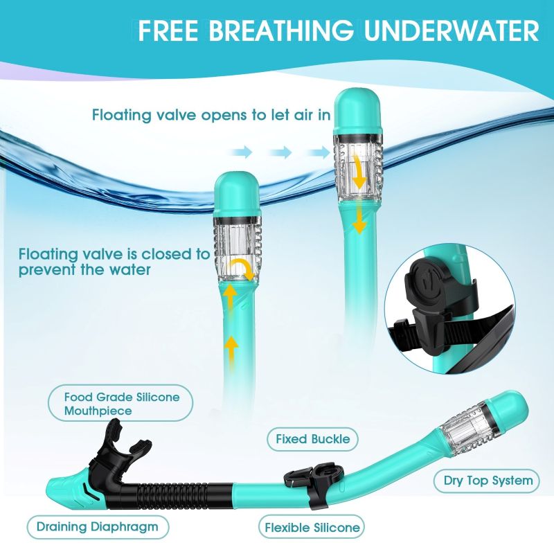 Dry top snorkel valve automatically seals when submerged to keep water out