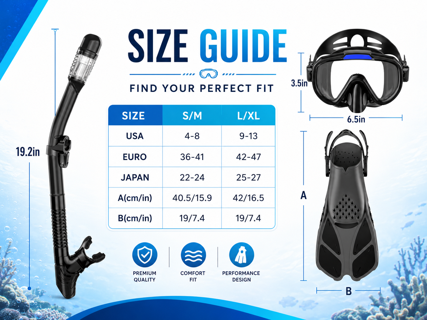 Adult snorkeling gear set including mask, snorkel and fins for ocean adventures