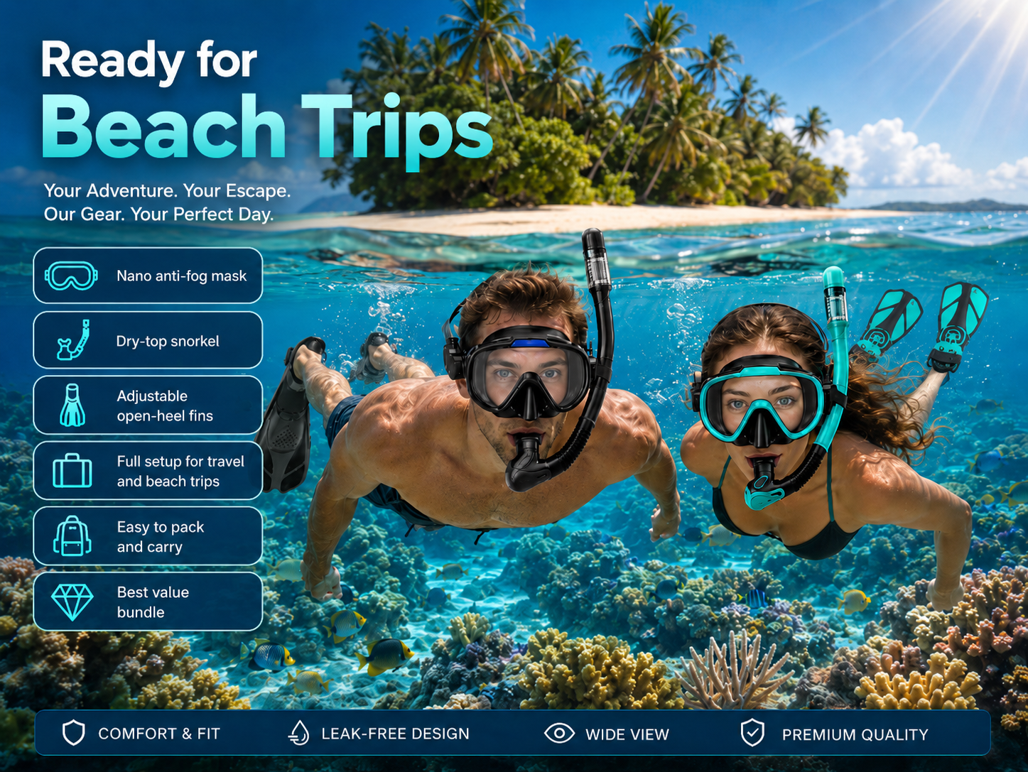 Adult snorkeler using Greatever snorkeling set in clear tropical water