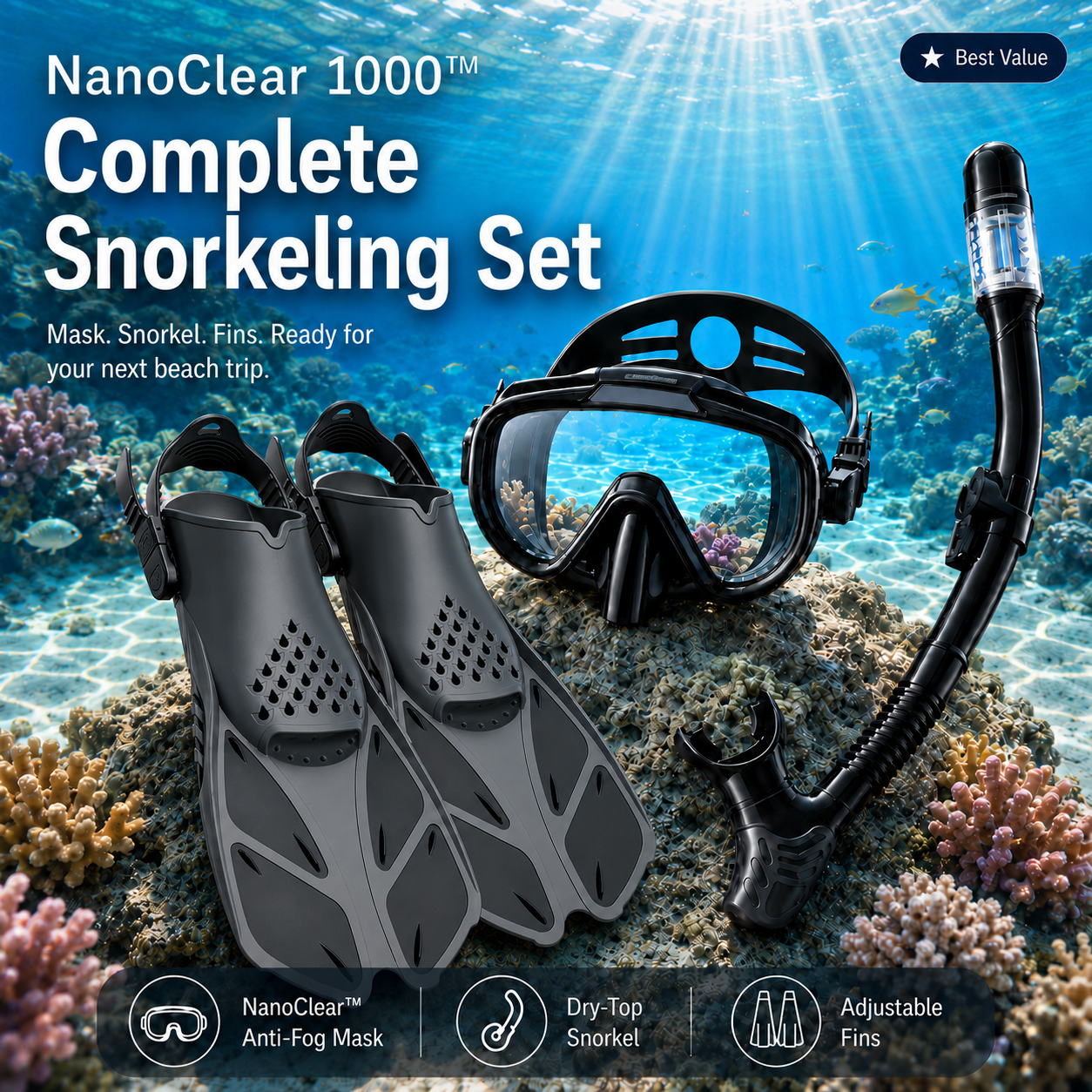 Greatever snorkeling set with anti-fog mask, dry top snorkel and fins
